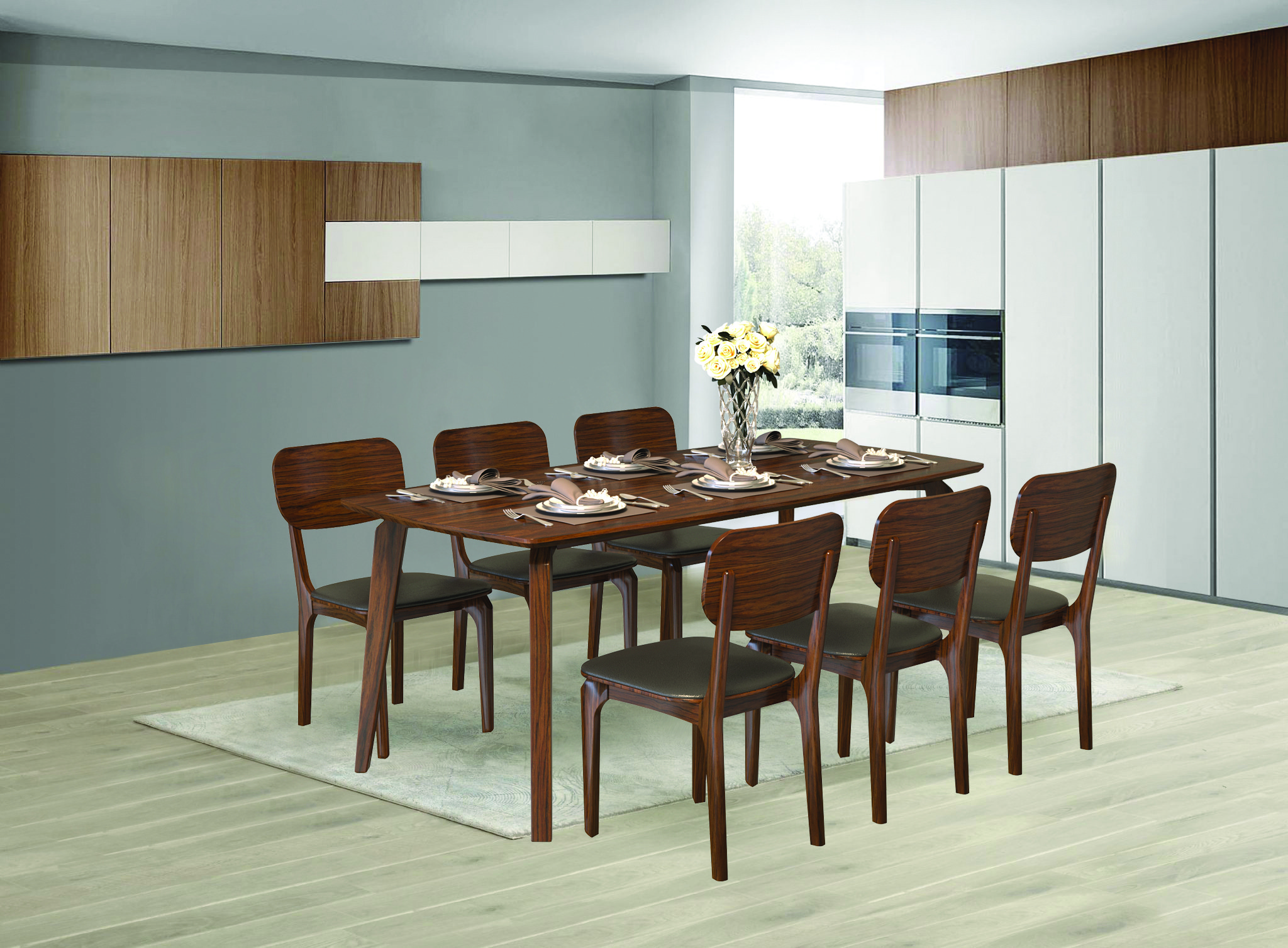 Bộ bàn ăn gỗ tự nhiên tần bì sơn màu hạt dẻ, ghế bọc đệm PVC cao cấp