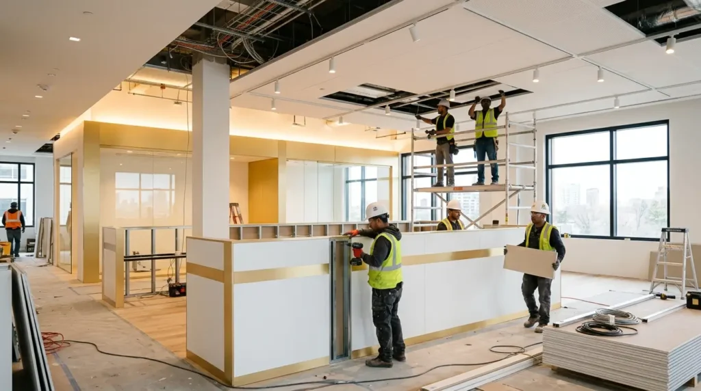 Thi công nội thất văn phòng vơi gam màu trắng & vàng làm chủ đạo